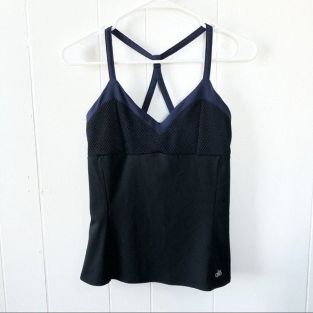 Alo Yoga Black Mesh Navy Trim Fitted Tank Top